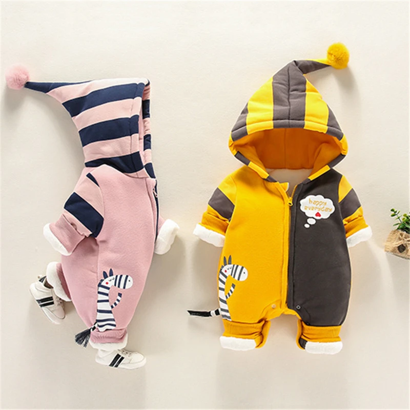 Модный детский зимний комбинезон; одежда для маленьких девочек и мальчиков; комбинезон для малышей с милым рисунком зебры; хлопковая одежда; Верхняя одежда; теплая одежда