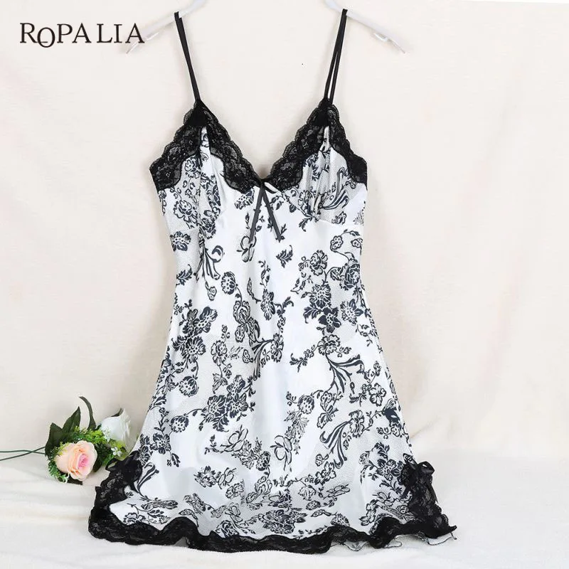 ROPALIA, сексуальное шелковое атласное Ночное платье, без рукавов, ночная рубашка с v-образным вырезом, ночная рубашка, кружевная ночная рубашка для женщин, большие размеры