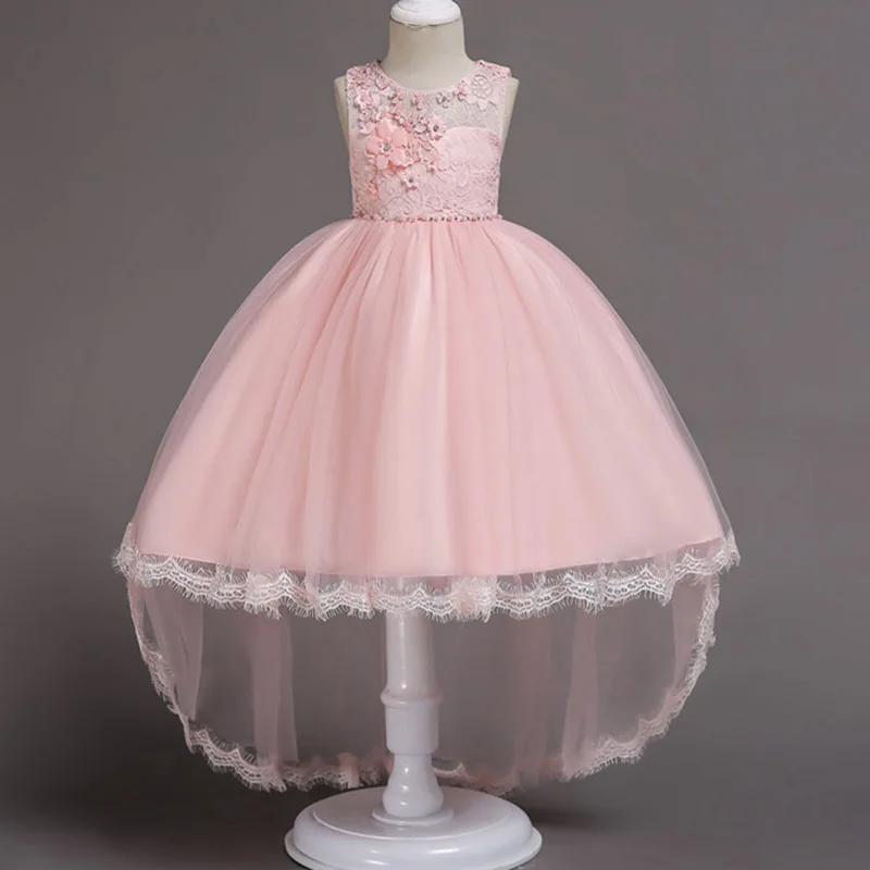 Детская одежда со шлейфом; сетчатые платья в горошек с цветочным узором для девочек; одежда для свадьбы; платье принцессы для первого причастия; костюм для малышей - Цвет: pink