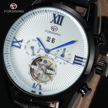 

FORSINING Tourbillon Wrap Mens Watches Automatic Watch Black Case Calendar Male Clock Blue Mechanical Watch montre homme luxury