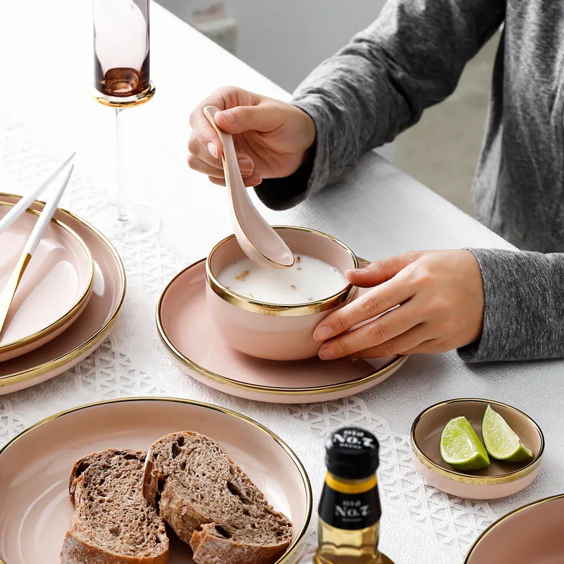 Pink Green Gold Stroke Ceramic Dinner Plate Tableware Porcelain Bulk Serving Dishes Plate Home Wedding Decorative Dinnerware