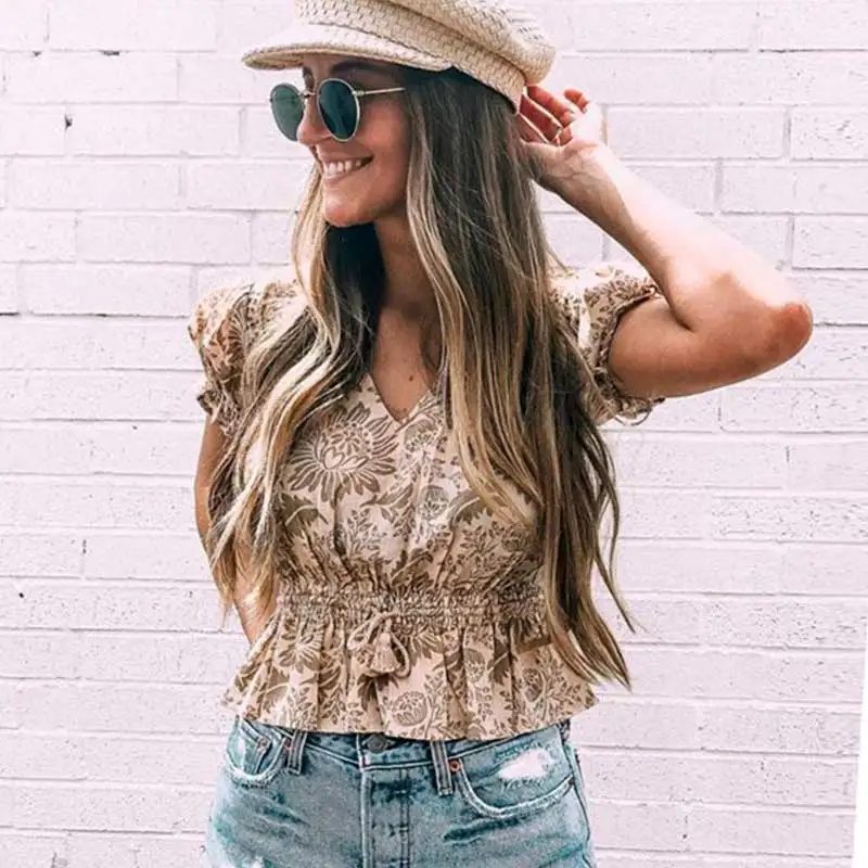 

Short Sleeve Summer Women Blouse Bohemian Waist V Neck Tassel Short Tops Shirts Holiday Print Elegant Loose Blouses Shirts