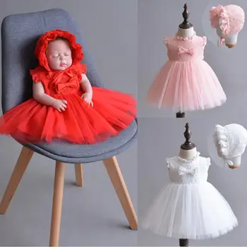 

2PCs per Set Baby Girl Baptism Dress White Infant Girl Christening Gown Red Pink Lace Bowknot Gown Flower Hat 0-24Months