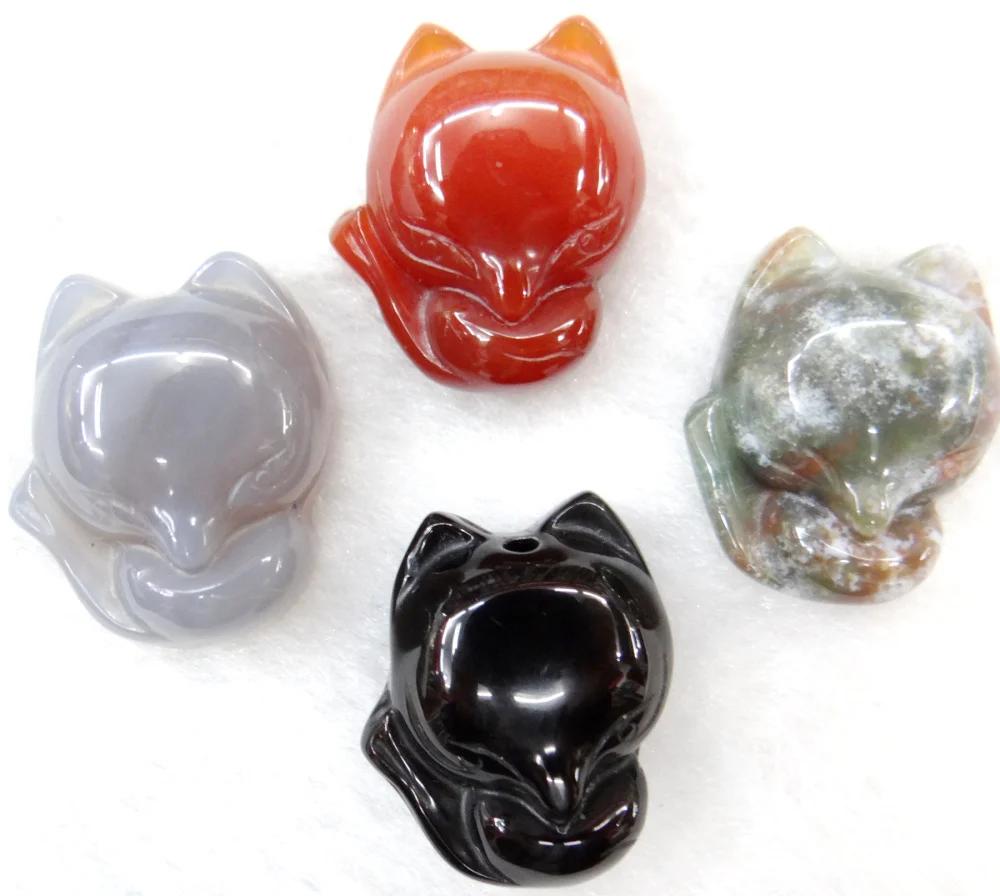 

Wholesale Unique natural stone india onyx stone hand-carved fox pendants Gems beads for diy jewelry Making necklace 6Pcs/lot