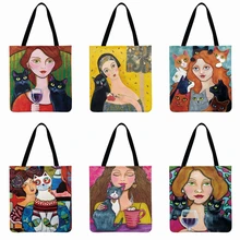 Женская и кошачья художественная Сумка-тоут с принтом, повседневная сумка-тоут, складная сумка для покупок, многоразовая уличная пляжная сумка, Повседневная ручная сумка