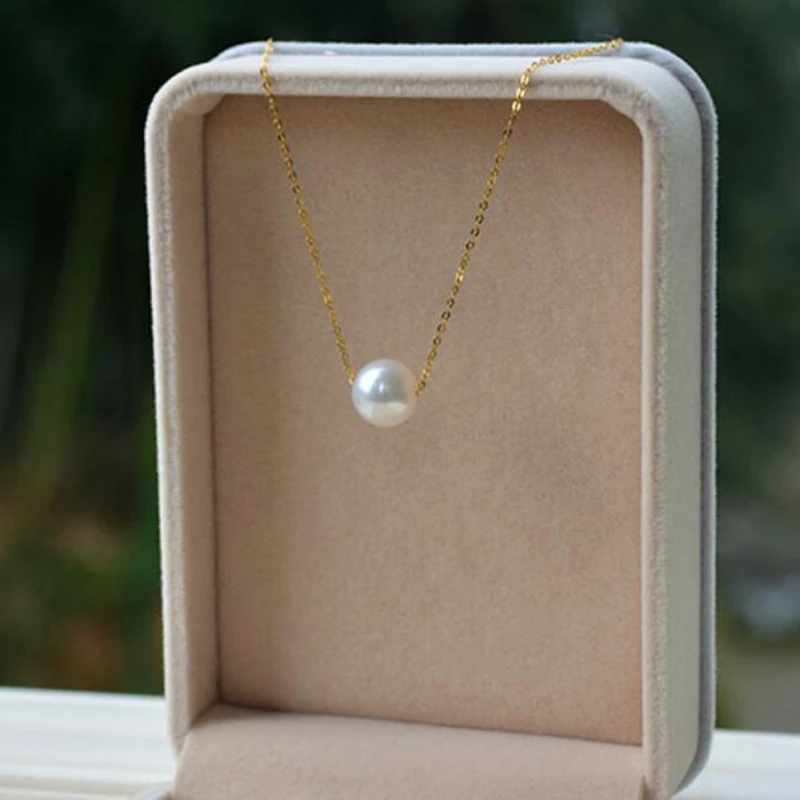18k AU750 Gold necklace lucky round pearls pendant choker for women girls Mum lover high luster pearls color diameter optional (6)