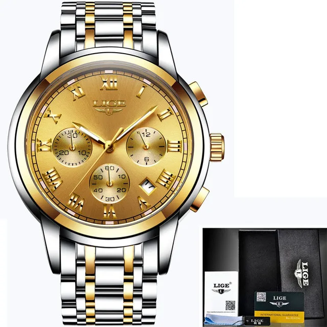 Мужские часы LIGE, новые военные Роскошные брендовые часы, мужские кварцевые часы из нержавеющей стали, мужские модные часы с хронографом, Relogio Masculino - Цвет: S-gold
