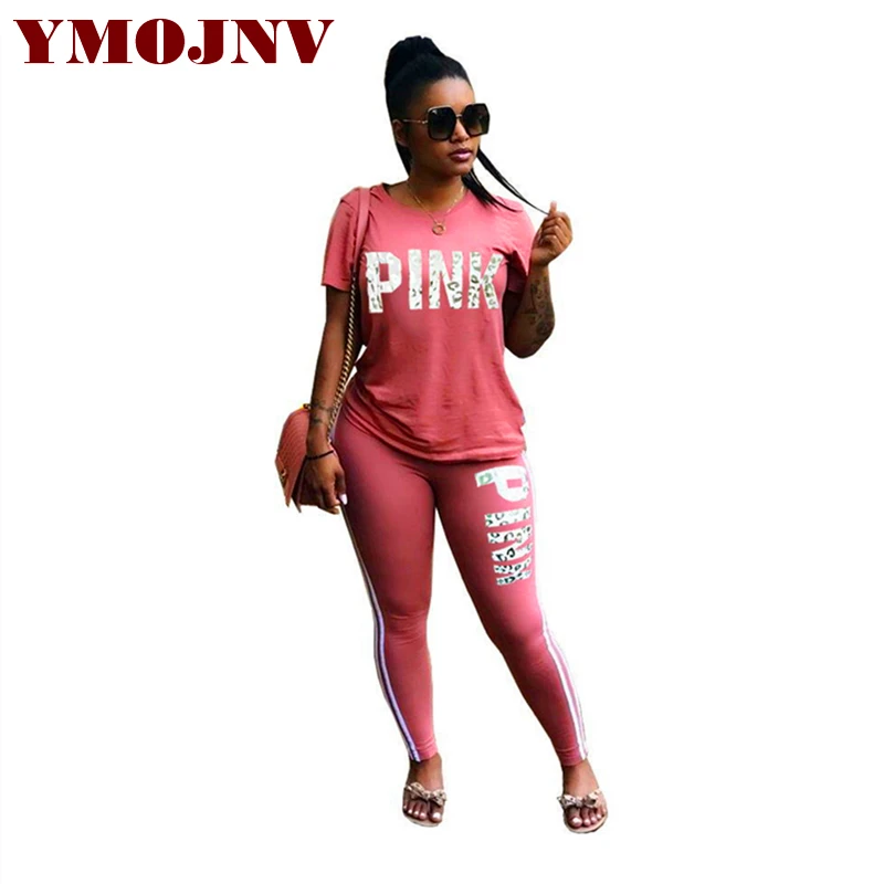 

YMOJNV Ladies Pant Suit 2018 Brand New 2 Piece Set Women Casual Loose Letter printed Short-sleeve T-Shirt Tops with Trouser Sets