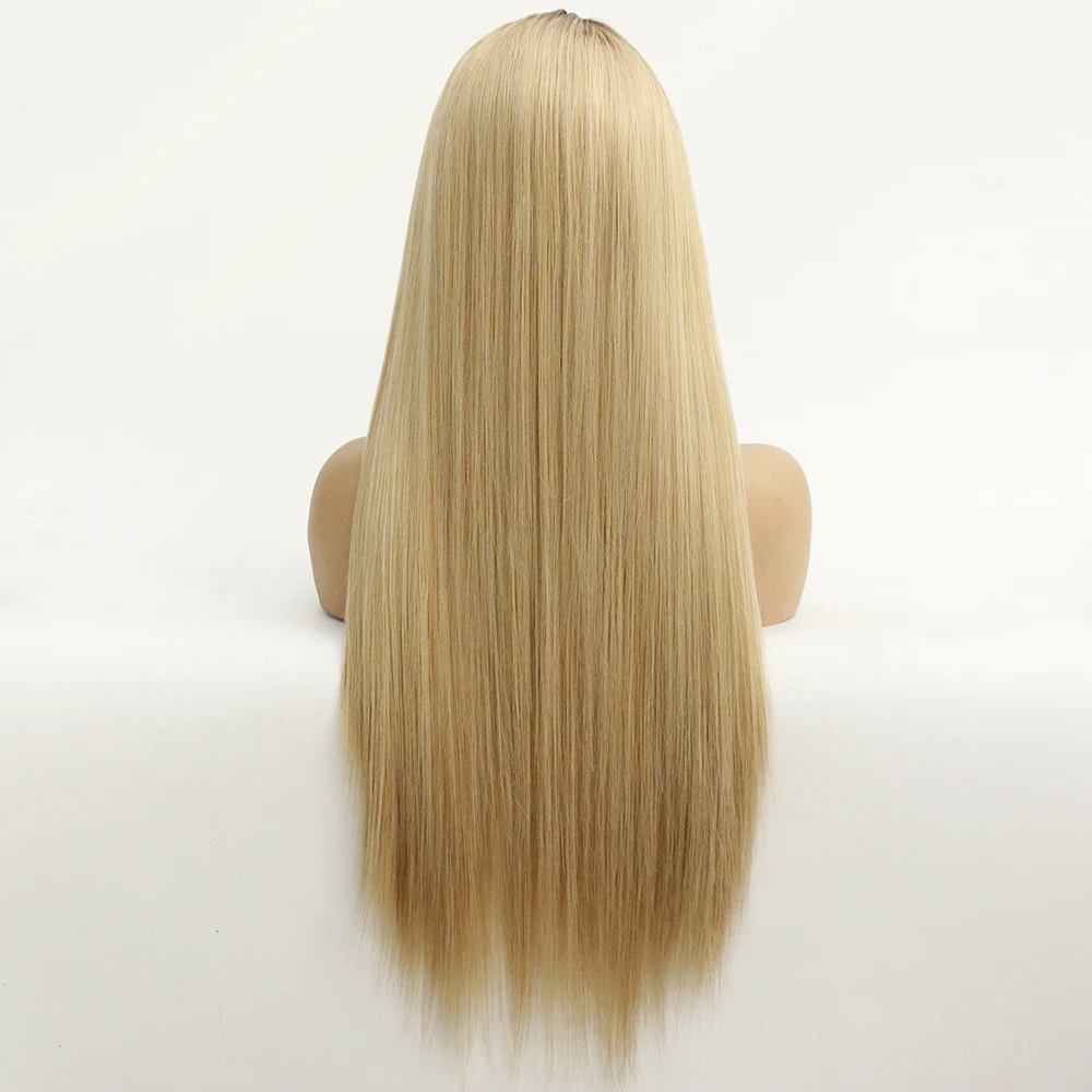 Brown Ombre Blonde Synthetic Lace Front Straight Wig Side Part-7