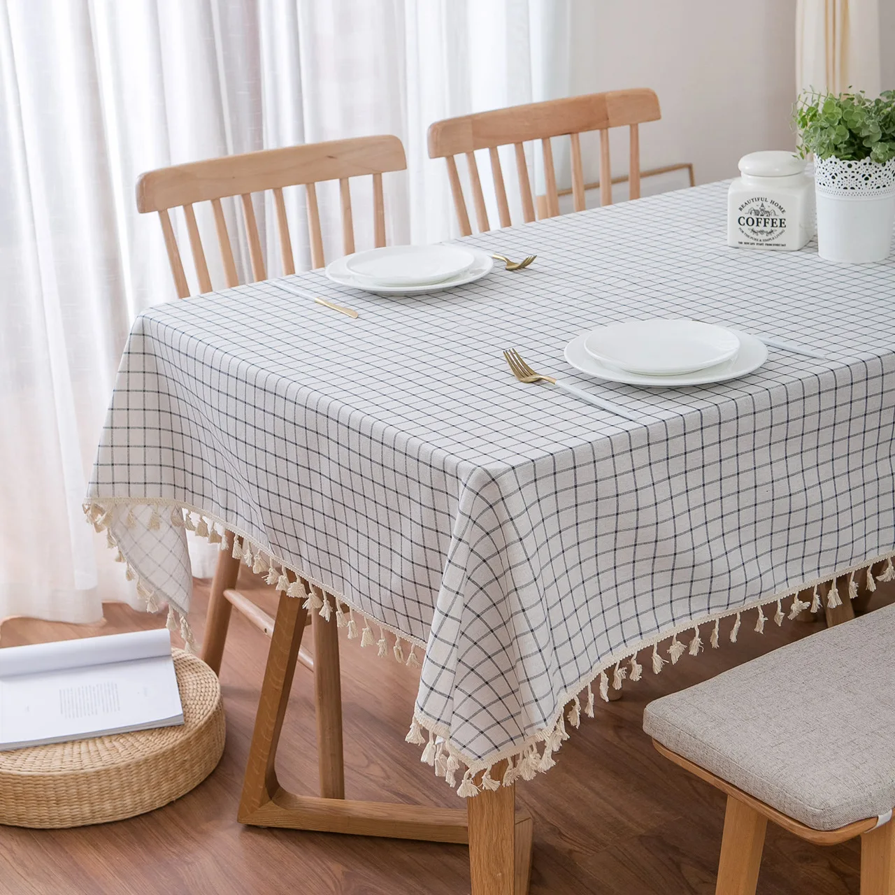 Blue Grid Cotton Linen Table Cloth Tassels Nappe Thick Mantel