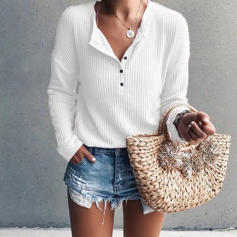 

Casual Plus Size Autumn Boho White 2019 Gray Women Sweaters Slim Pullover Plain Thread Button Female Travel Beach Sexy Black Top