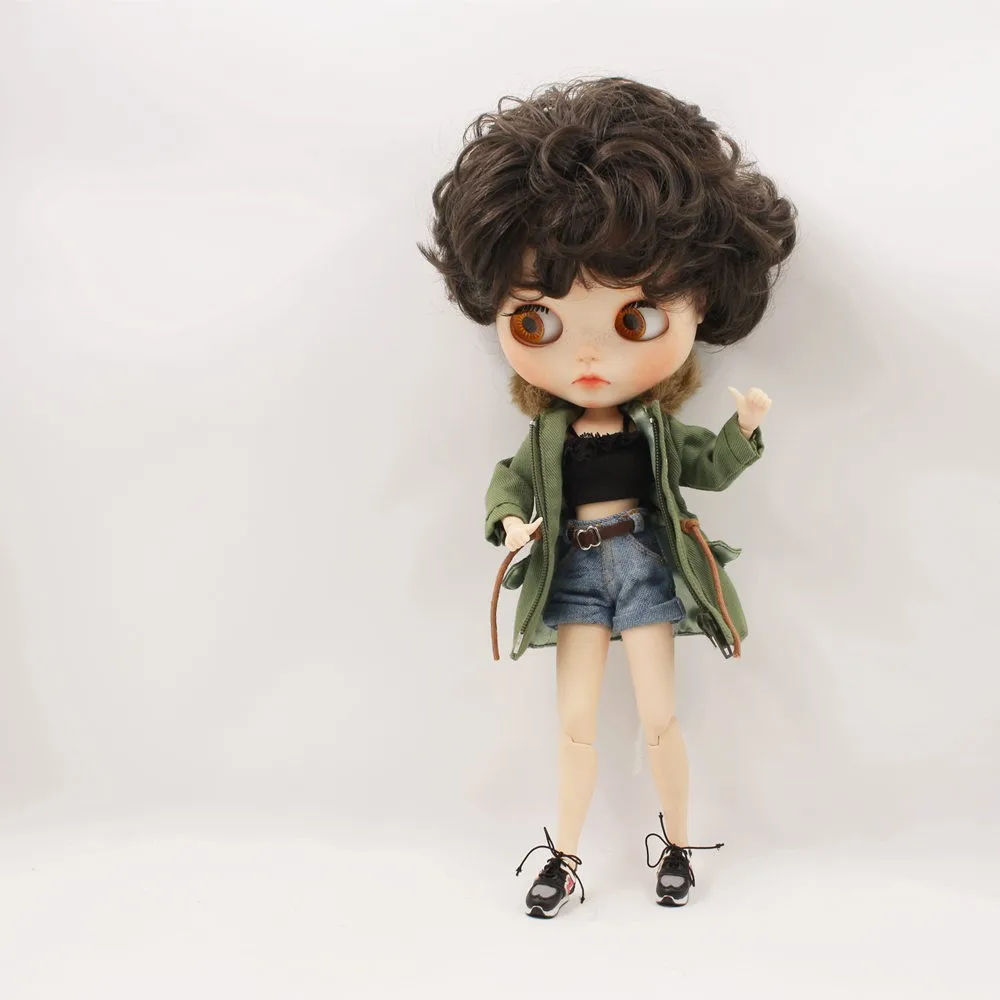 Neo Blythe Doll Denim Shorts Black Lace Bra with Green Army Jacket 2