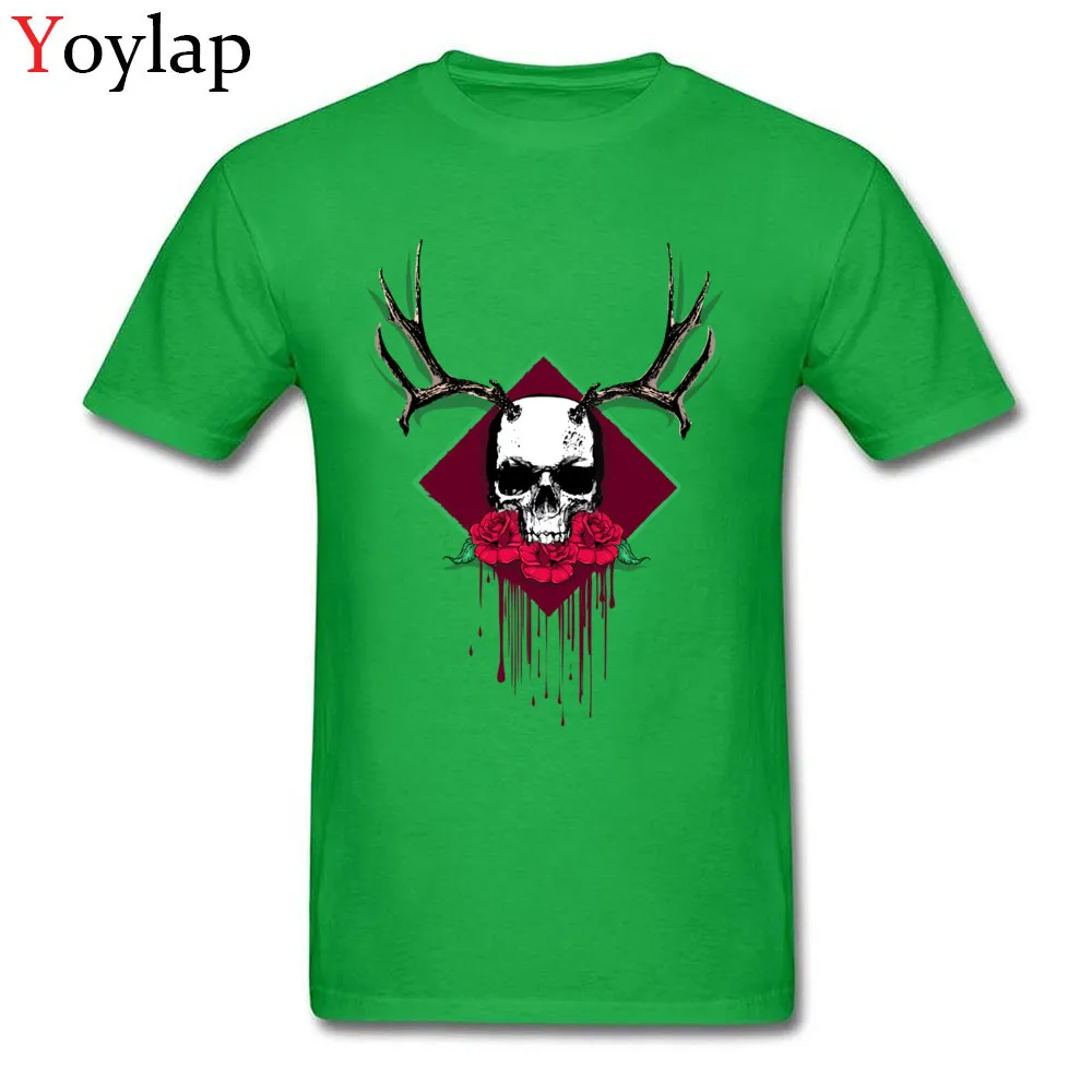 Casual Tops T Shirt Funky Round Neck Skull and Rose Tattoo Blood 100% Cotton Student T Shirts Group Summer/Autumn Tee-Shirt green