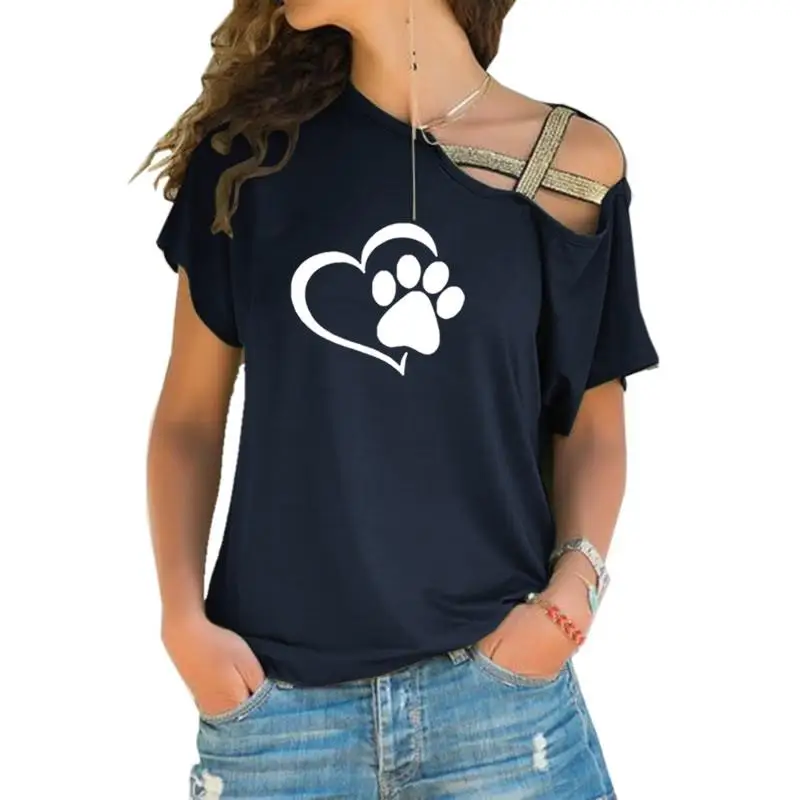 Женская модная футболка с принтом собачки, кошки, лапы, сердца размера плюс, топы, Харадзюку, несимметричная женская футболка с короткими рукавами через плечо