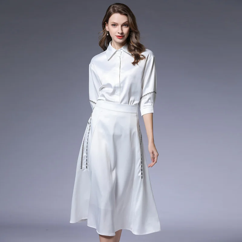 

Autumn Winter Women Suits Elegant White Sets Three Quarter Sleeve Button Tops + Zipper A-Line Skirt Women Loose Casual OL Sets