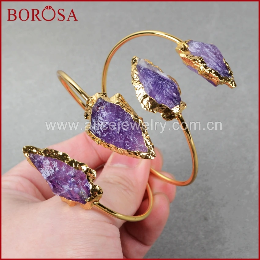 

BOROSA Druzy Gems Crystal Bangles Jewelry,Gold Color Double Natural Purple Crystal Adjustable Bangles Bracelet for Women G0717