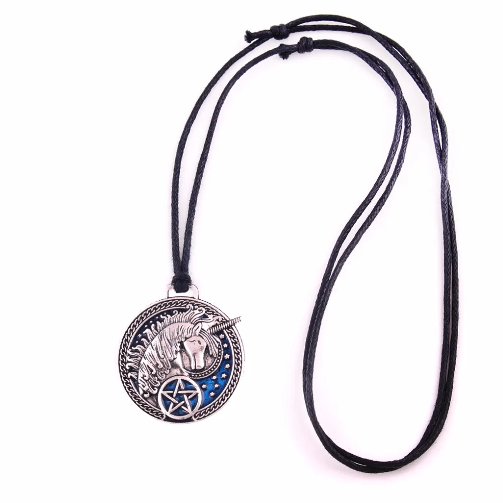 

UNICORN Silver Pendant with Blue Enamel Medieval Unicorn Magic Amulet Wax Rope Necklace