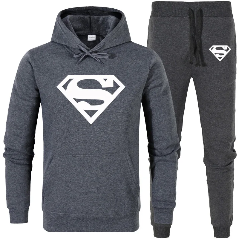 

2019 New Spring Men Fleece Sweatshirt Hoodies + Pants Male Tracksuit Superman Sporting Suits Men's Sportswear 2 Piece Suit