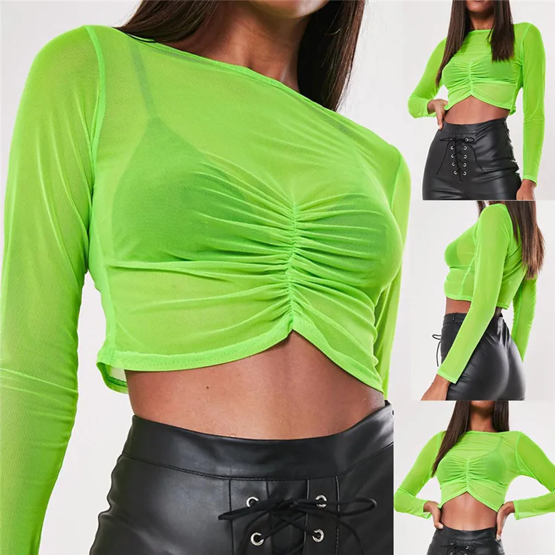 

2019 Special Offer Transparent Neon Green shirts Women Long Sleeve Shirred Sexy High Short Mesh Basic Fashion Hollow Out Tee20