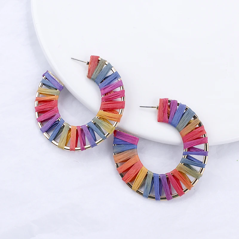

AENSOA Bohemia Ethnic Handmade Rainbow Color Raffia Drop Earrings For Women Fancy Color Statement Straw Earrings Party Jewelry