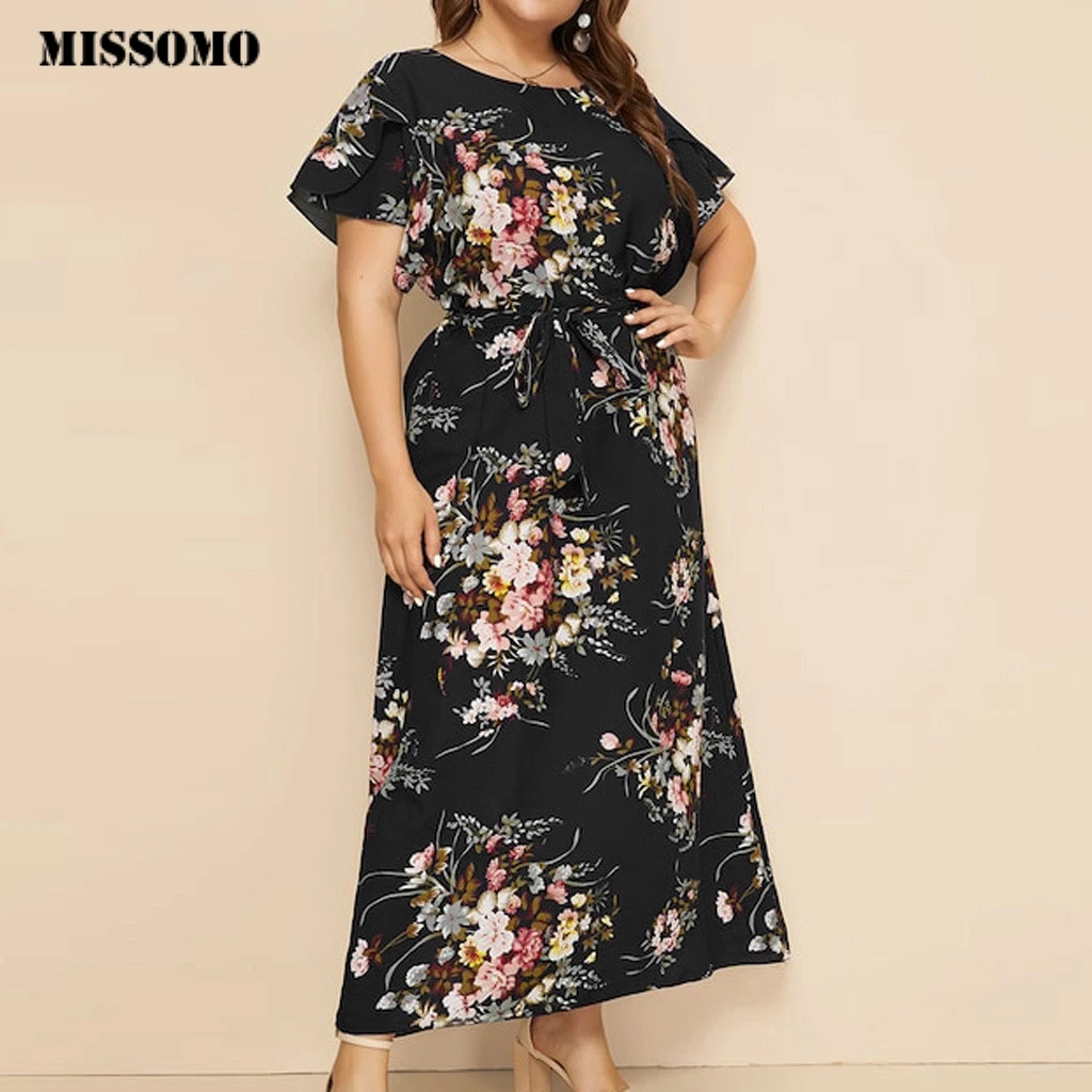 

MISSOMO 5XL Dress Women Casual Plus Size Floral Print beach long maxi dress Vintage Black O-Neck Bandage Bandage Lace Up 620