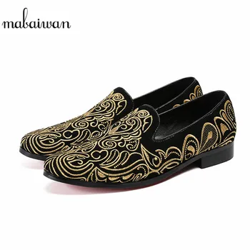 

Mabaiwan Men Black Suede Casual Shoes Loafers Gold Embroidery Slipper Dress Shoes Men Leather Handmade Party Flats Plus Size