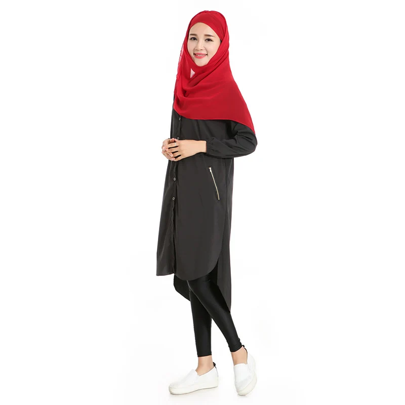2017 женская мусульманская блузка Повседневная одежда на пуговицах спереди