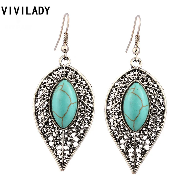 

VIVILADY Natural Blue Stones Leaf Drop Dangle Earrings Women Femme Classic Vintage Silver Color Alloy Plant Jewelry Party Gifts