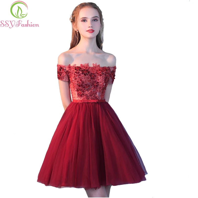Ssyfashion Новое милое вечернее платье невесты банкет элегантный цвет красного вина