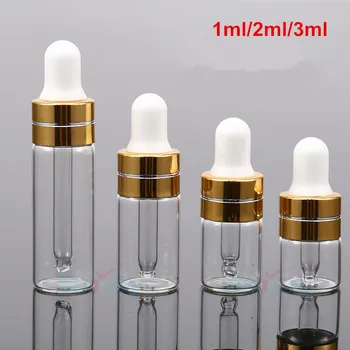 

300 x 1ml 2ml 3ml 5ml Clear Essential Oil Bottle Glass Bottle Pearl White Gold Aluminum Cover Glass Dropper