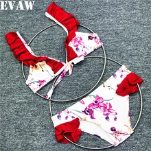

EVAW 2019 Ruffle Retro Bikini Set Women's Swimming Suit Red Sexy Swimwear Bandage Floral Printed Beach Swimsuit Female Separate