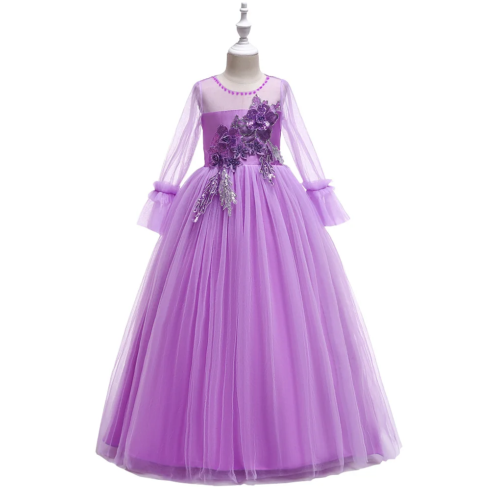 Детское кружевное элегантное платье принцессы с длинными рукавами на свадьбу для девочек 3-14 лет; платье для девочек-подростков в новейшем стиле