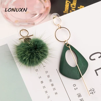 

10 styles 2017 New Fashion Earrings Green Wood Fan Long Tassel For Women mink fur ball Korean female retro wooden long earrings