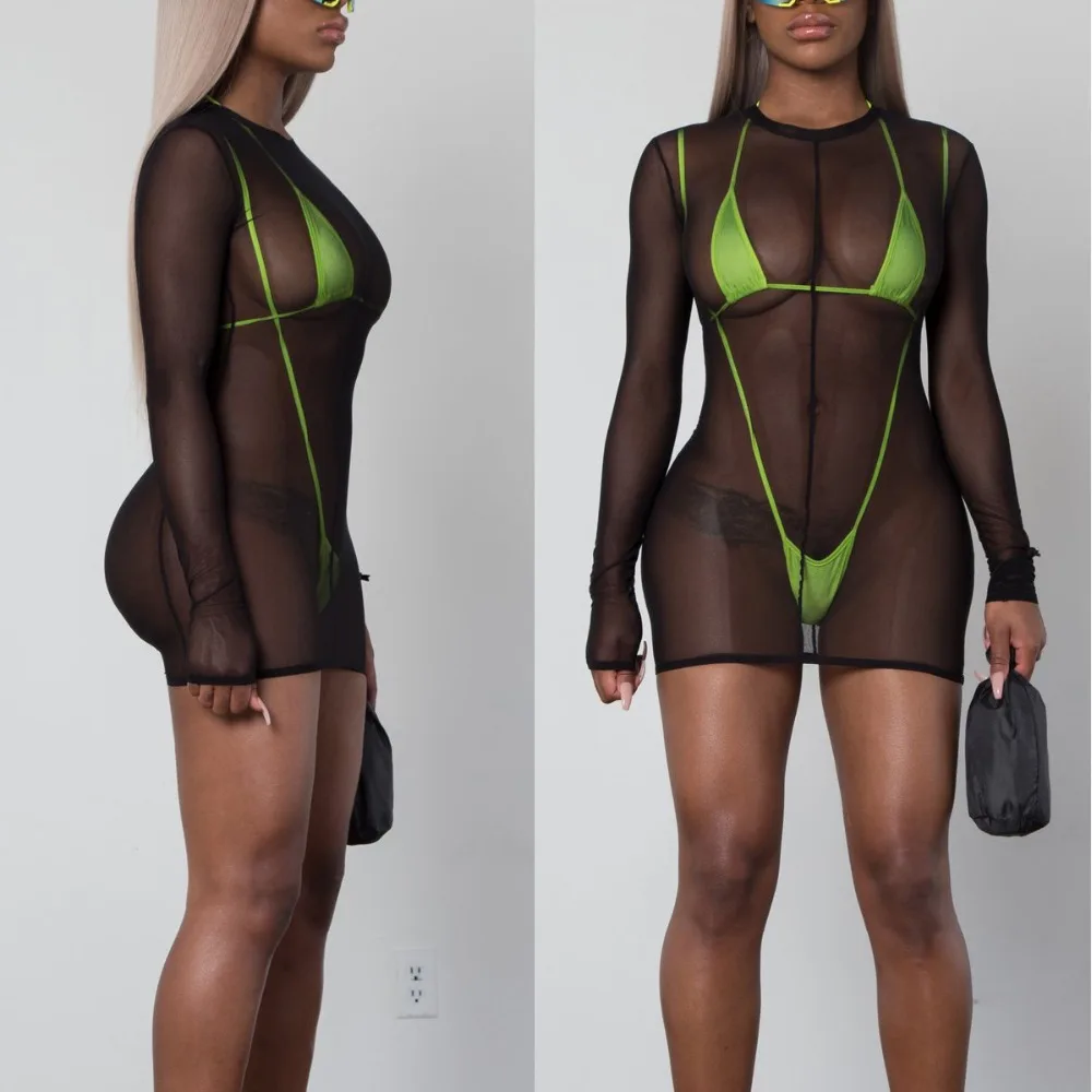 

BKLD Fashion Neon Green Beach Three Piece Set Black Mesh Dress For Women Long Sleeve Sexy See-through Mini Dress+Bikini Swimwear