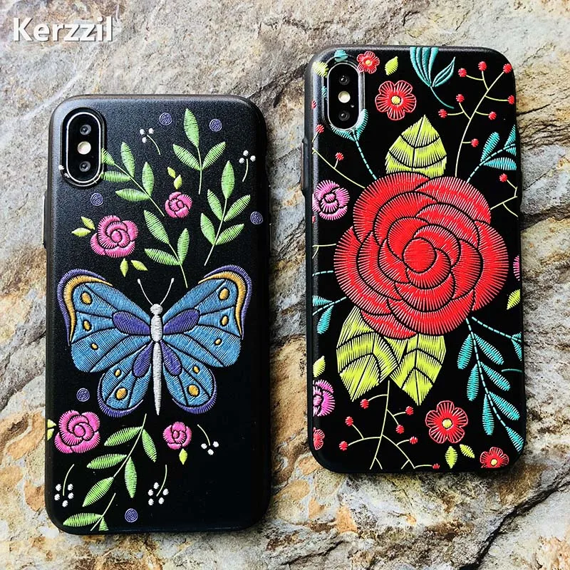 Kerzzil For iPhone 7 Plus Embroidery Rose Flower Butterfly Phone Case Soft TPU Silicon Cases Cover X 8 6 6s |