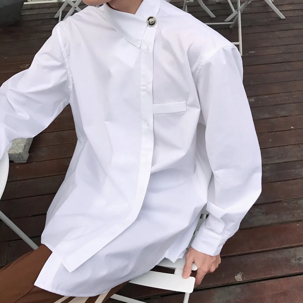 

2018 New women and men's clothing Hair Stylist GD Fashion Original Street Temperamental slanting buckle Loose Shirt costumes