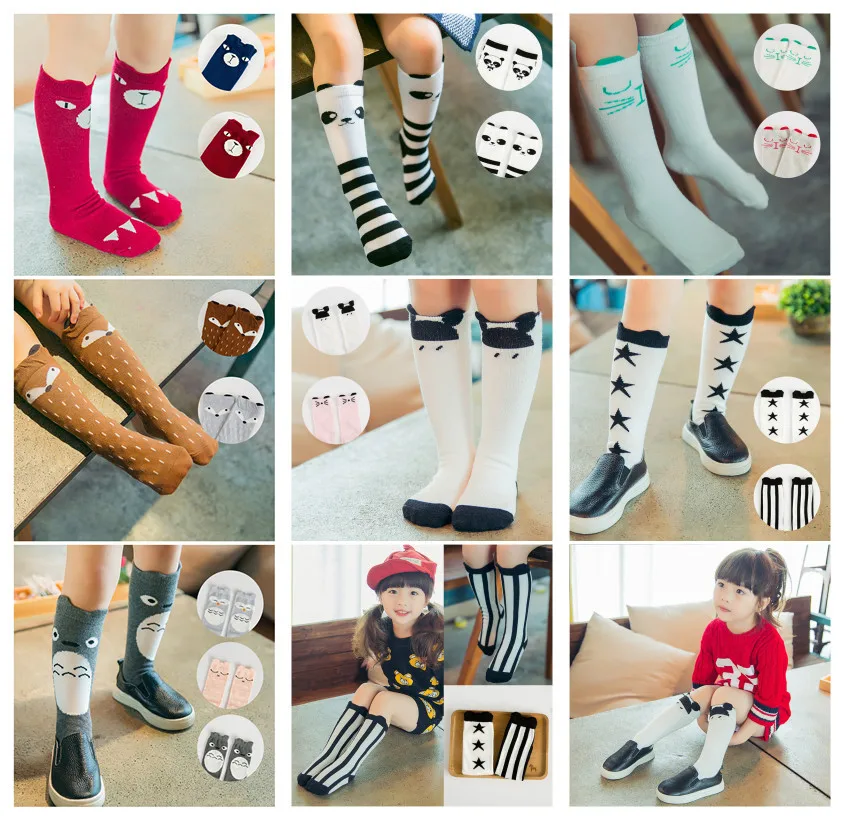 Милые Мультяшные детские носки, хлопковые носки для малышей с изображением кота и животных, гетры до колена, носки для мальчиков и девочек, детские носки с расцветкой «панда», для 0-6 лет