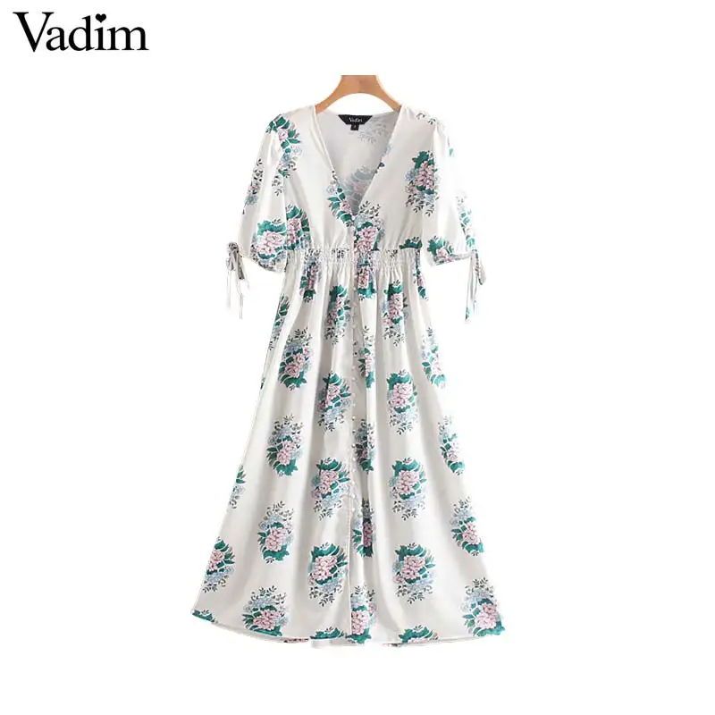 

Vadim women sweet floral print midi dress V neck short sleeve female casual summer beach style chic A line dresses QC445