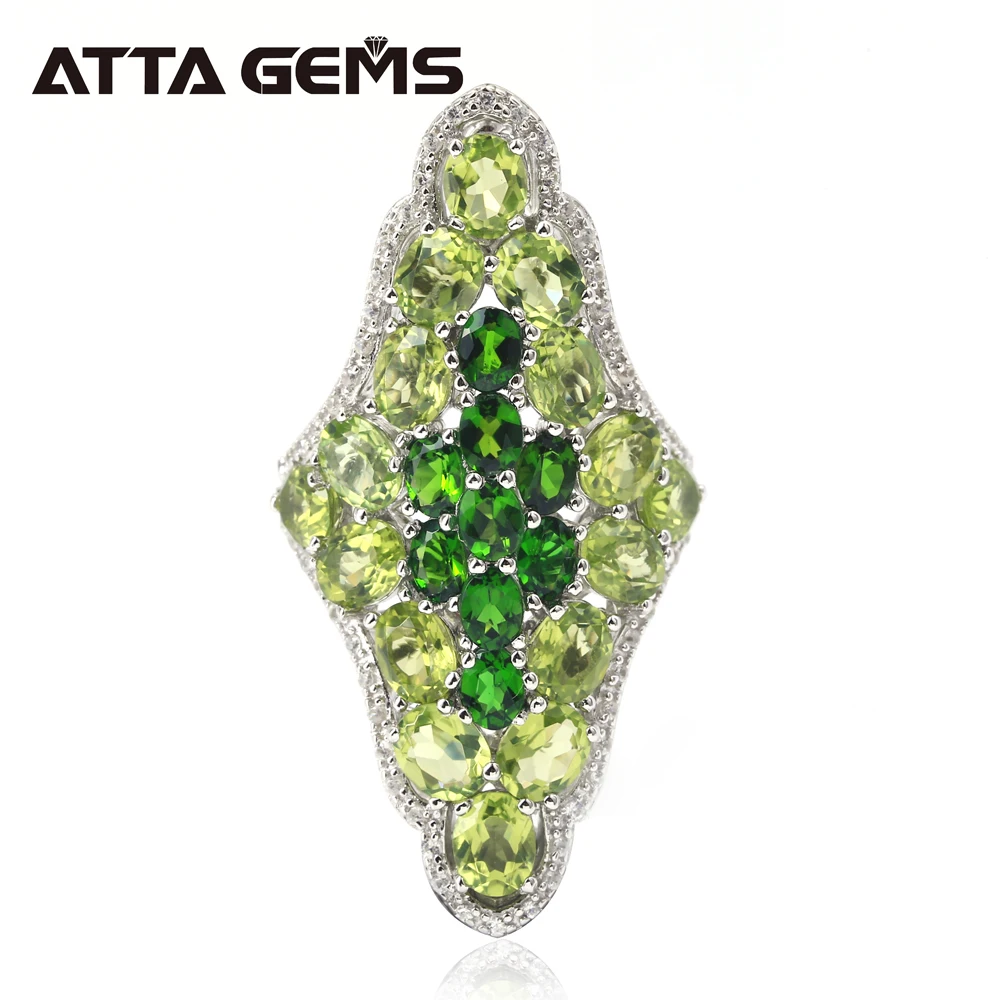 

Natural Peridot and Chrome Diopside Natural Stone Sterling Silver Rings for Unisex Design 21 Carats Natural Faced Cut Stones