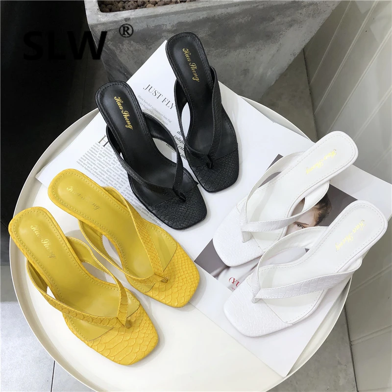 

Slippers Women Summer Thin Heels Med Ladies Flip Flops Heeled Mules Women's Shoes 2019 Slides Flat Flip-flops High New