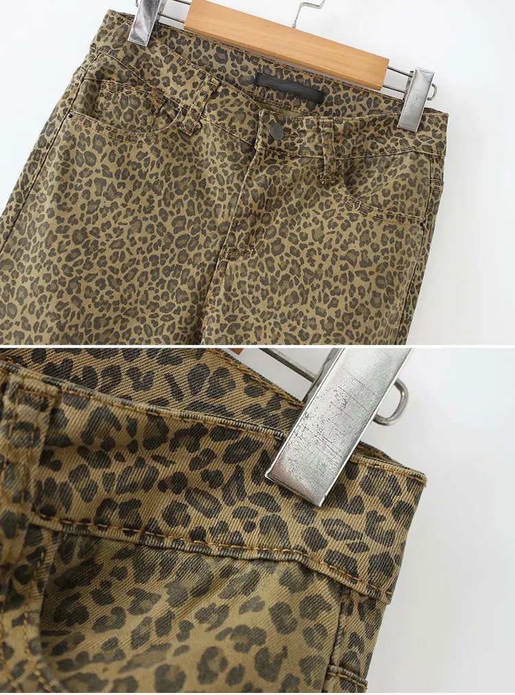 Женские обтягивающие джинсы с леопардовым принтом, винтажные шикарные брюки до щиколотки с карманами и животным узором, асимметричные джинсы