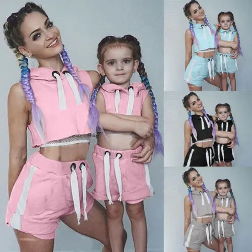 

2019 Fashion Mother daughter matching clothes Shirt Hooded Sweater Vest Outdoor Clothes Sport Crop Suit 4 color