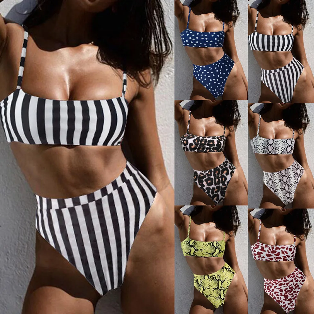 

High Waist Swimsuit 2019 Black Striped Bikinis Women Bandage Top Push Up Swimwear Female Bathing Suits Beach Wear Biquini #O