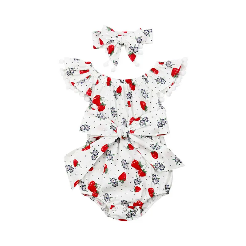 

0-18M Newborn Infant Baby Girls Romper Strawberry Jumpsuit Pom Pom Playsuit Sleeveless Christmas Costumes
