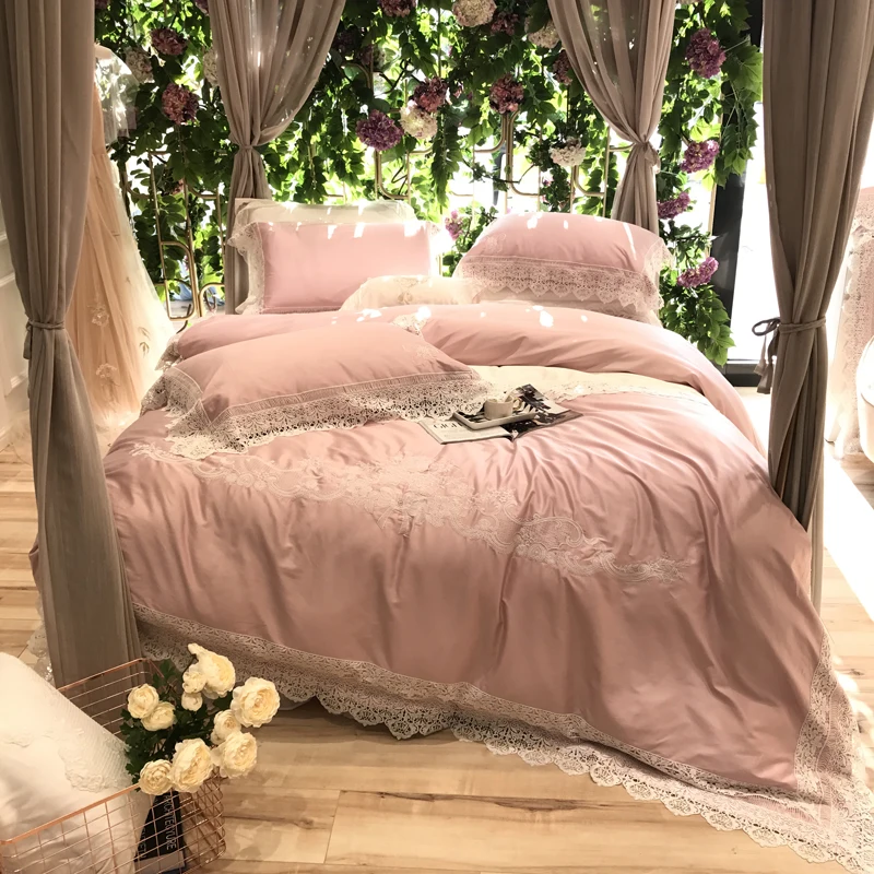 Us 181 83 35 Off 100s Egyptian Cotton Pink Princess Luxury Romantic White Lace Embroidery Bedding Set Duvet Cover Bed Sheet Pillowcases 4 6pcs In