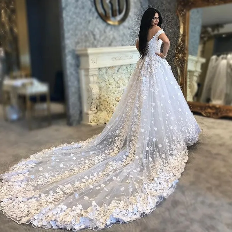 Saudi Arabic Wedding Dresses Floral Puffy Bridal Gowns White Pure