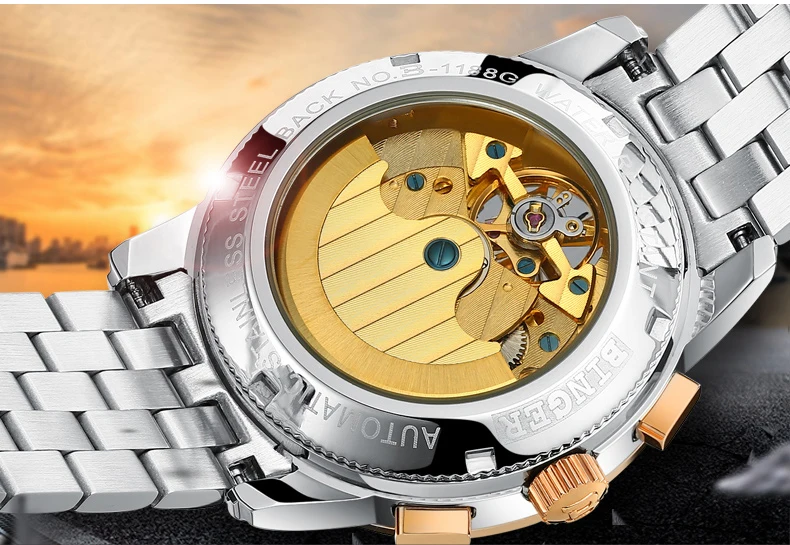 Роскошные швейцарские BINGER Брендовые мужские часы, мужские водонепроницаемые автоматические механические золотые модные турбийон из нержавеющей стали
