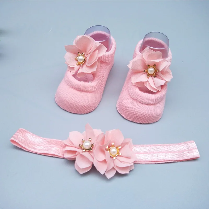 Cute Bow Newborn Baby Girl Socks+Headband Set Princess Lace Flower Baby Socks Infant Toddler New Born Ankle Sock Girls Gift - Цвет: set 2 NO BOX