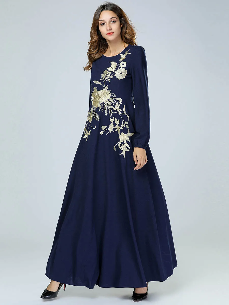 Рамадан 2019 Новый мусульманское платье исламское Винтаж Абаи Для женщин Тяжелая вышивка с длинным рукавом Дубай, Турция мгновенный