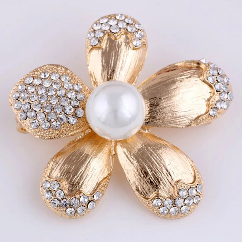 Flower Imitation Pearl Gold Color Brooch Rhinestone Brooches For Women